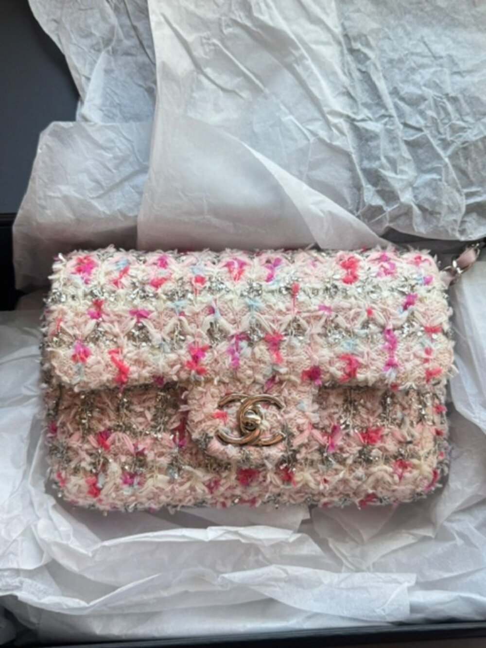 Chanel 2018 Spring/Summer Runway Mini Pink Classic Flap Tweed Bag w/ Box Look 66